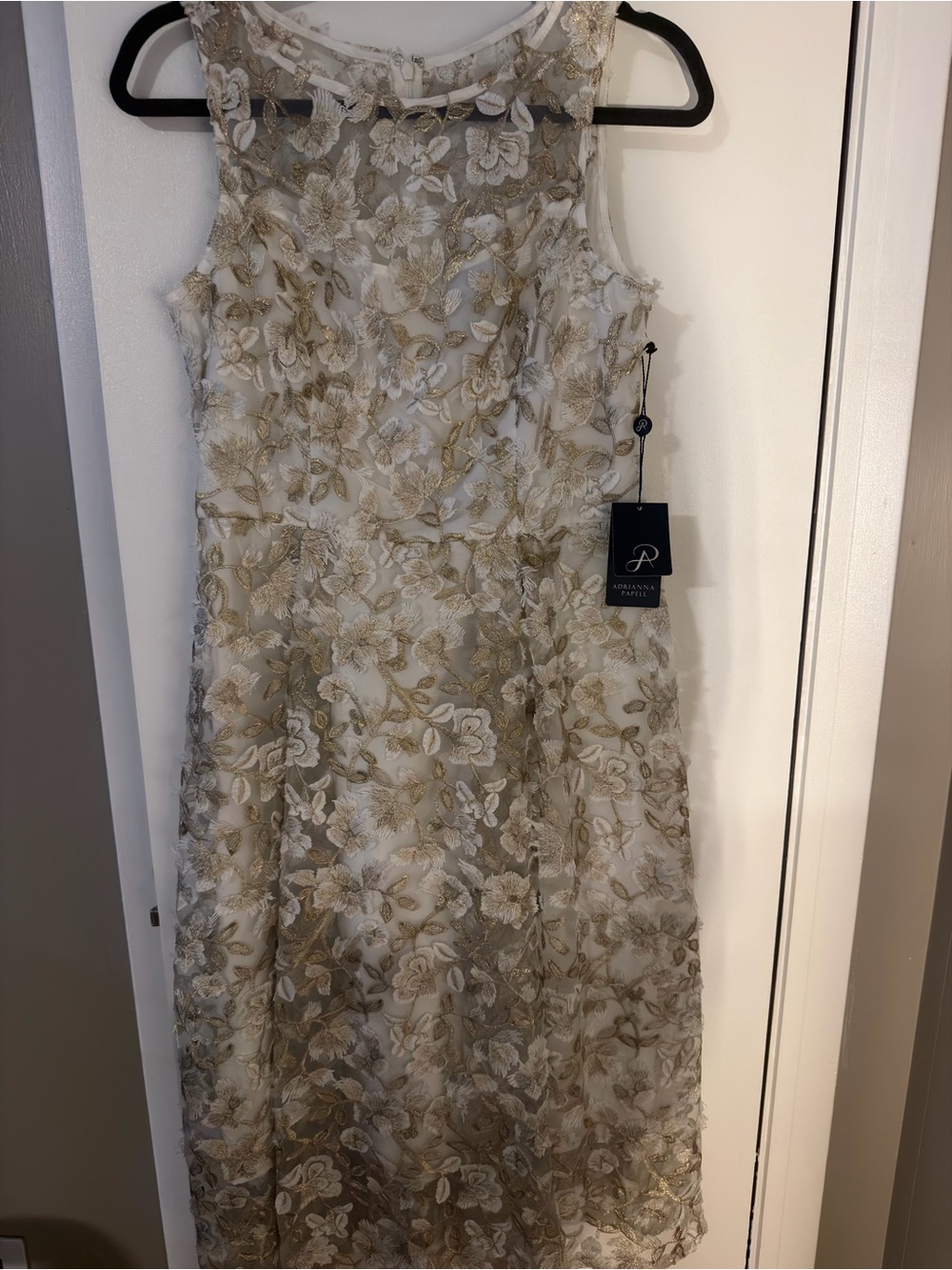 Adrianna Papell Ivory Dress with Gold Floral Lace Overlay